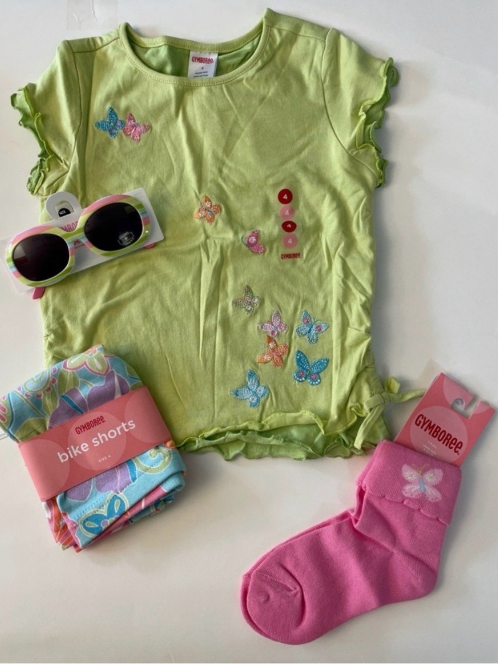 NWT Gymboree 2006 Butterfly Ruffle layer Sleeve Tee Bike Short Sunglasses Sock